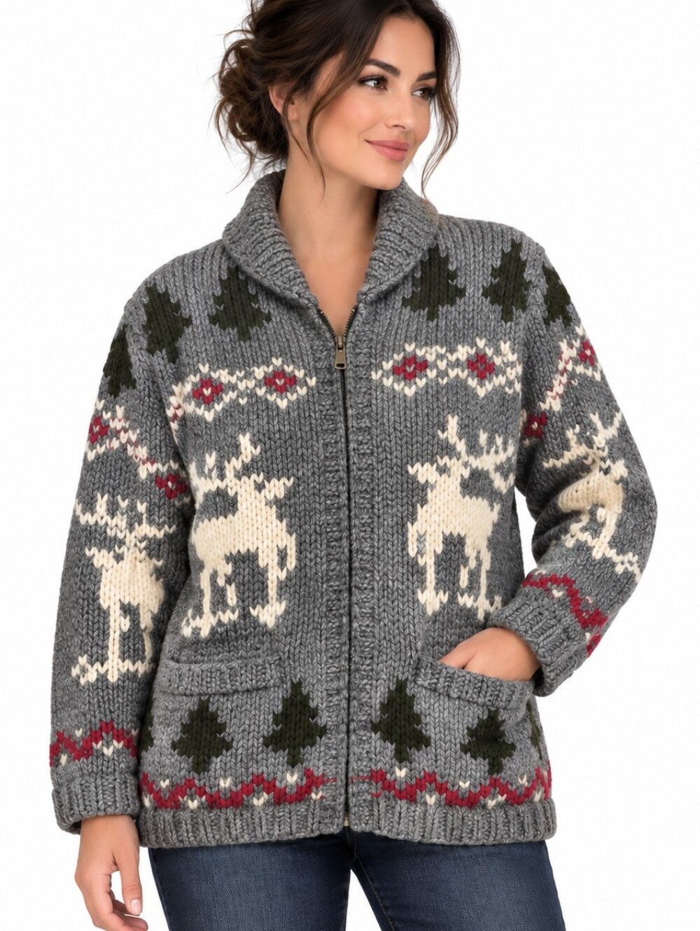 Vintage Moda International 100% Wool Reindeer Nordic Zip Cardigan Size Large